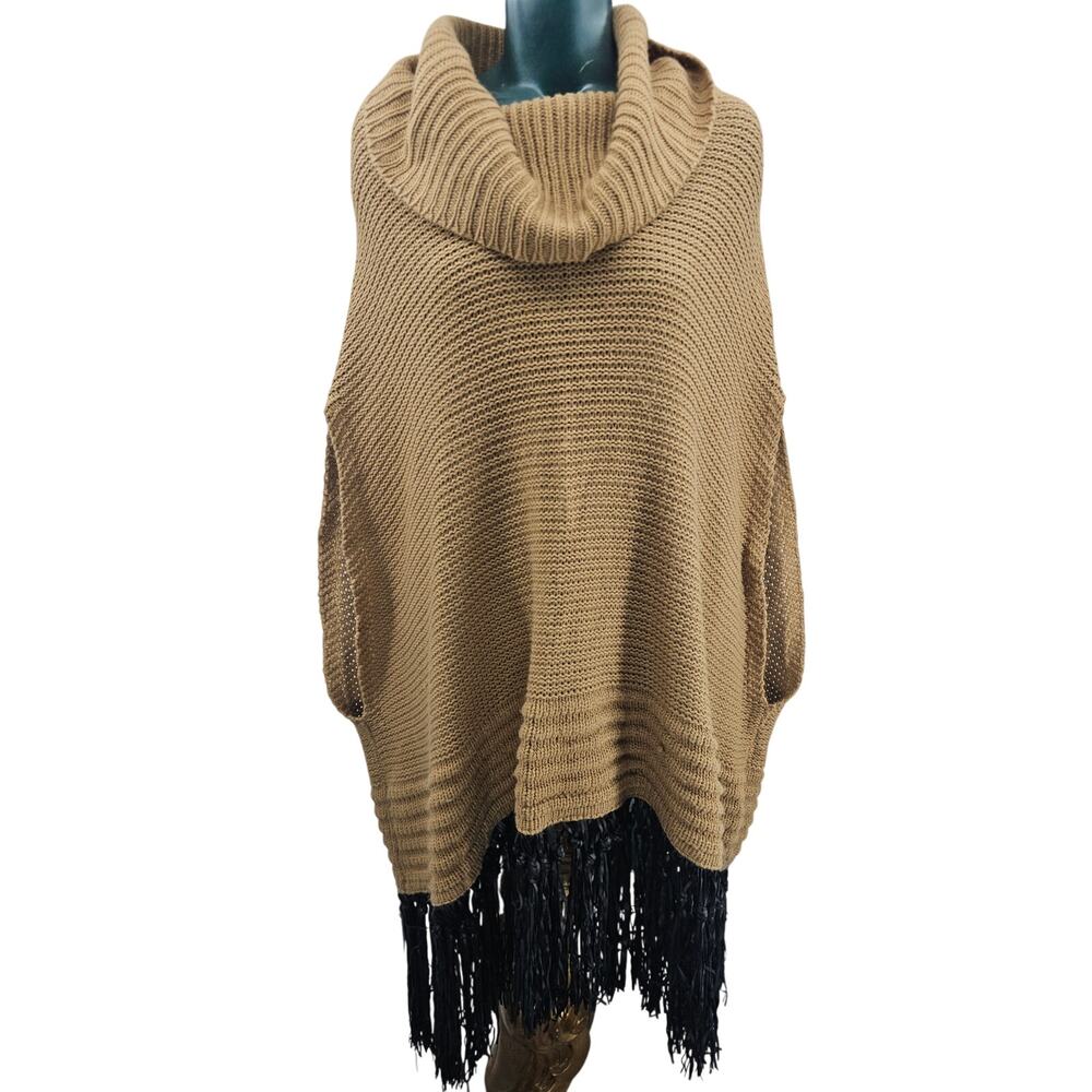 Ashley Stewart Tan Brown Knit Sleeveless Sweater Poncho Fringe Detail 18 20 3861